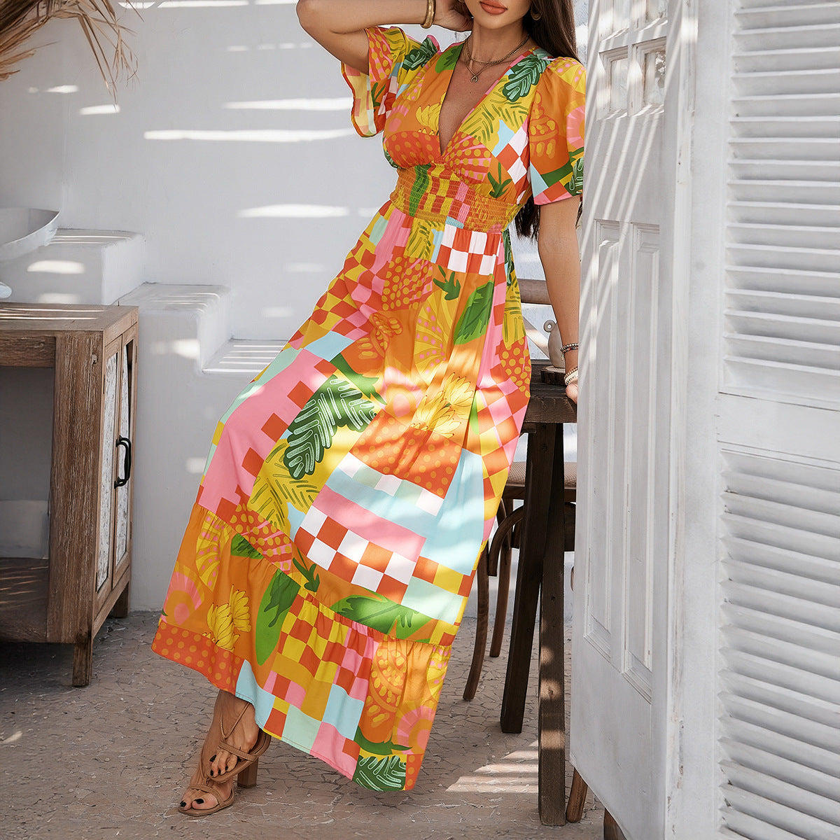 Women’s Maxi Dress – Lightweight Cotton – Relaxed Fit – V-Neck – Puff Sleeve – Ruffle Hem