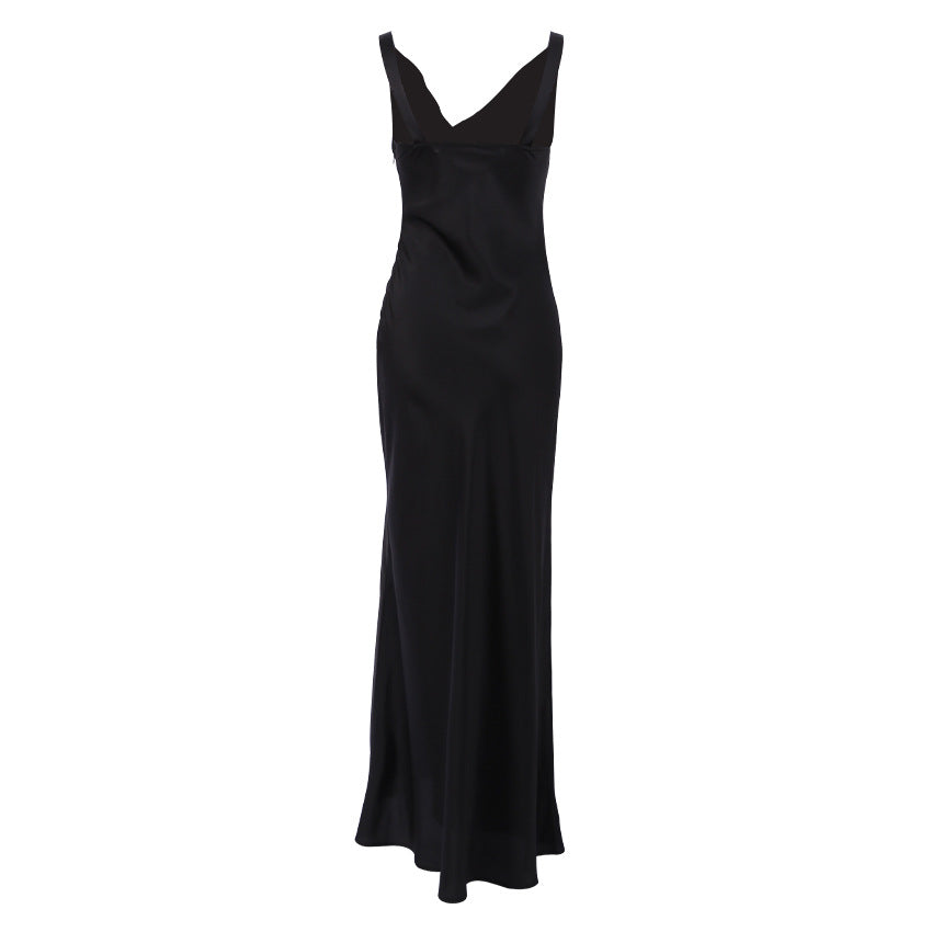 Women’s Evening Gown – Satin – Slim Fit – Draped Neck – Spaghetti Straps – Floor-Length