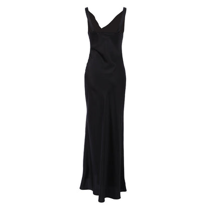 Women’s Evening Gown – Satin – Slim Fit – Draped Neck – Spaghetti Straps – Floor-Length