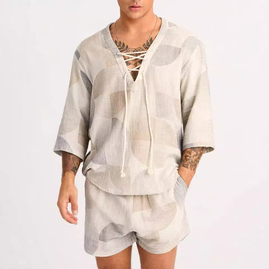 Men’s Casual Set – Lace-Up Shirt and Shorts – Relaxed Fit – Lightweight Breathable Fabric