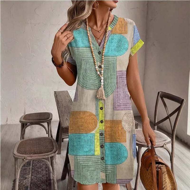 Women’s Midi Dress – Geometric Print – Button Down – Relaxed Fit – Breathable Blend