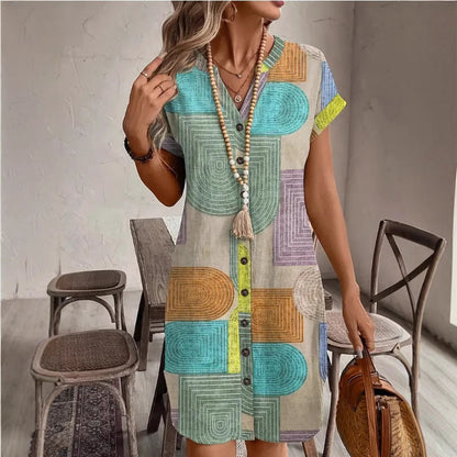 Women’s Midi Dress – Geometric Print – Button Down – Relaxed Fit – Breathable Blend
