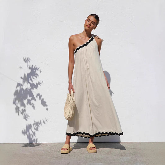 Women’s Long Dress – One Shoulder – Relaxed Fit – Tie Detail – Scalloped Hem – Breathable