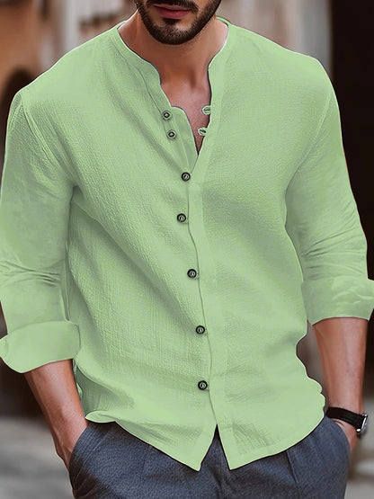 Men’s Long Sleeve Shirt – Relaxed Fit – Band Collar – Breathable Natural Fibers – Button Up
