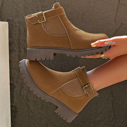 Women’s Ankle Boots – Round Toe – Lug Sole – Retro Buckle – Matte Finish