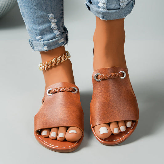 Women’s Flat Sandals – Braided Strap – Cushioned Footbed – Slip-On Open Toe