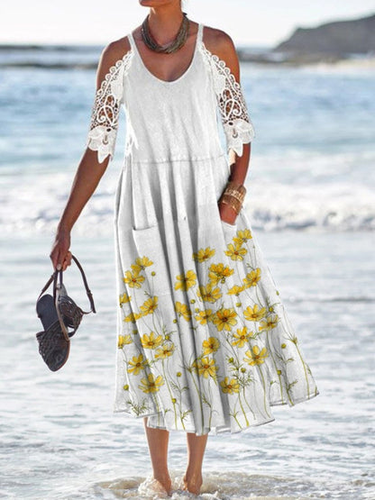 Women’s Maxi Dress – Flowing Fit – Lace Sleeves – Cold Shoulder – Breathable Blend – Floral Hem – Pockets