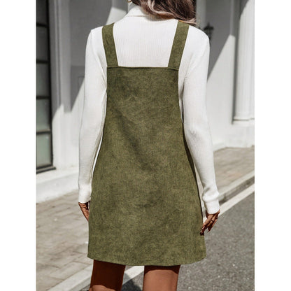 Women’s Pinafore Dress – Slim Fit Corduroy – Buckle Straps – Mini Length Pockets