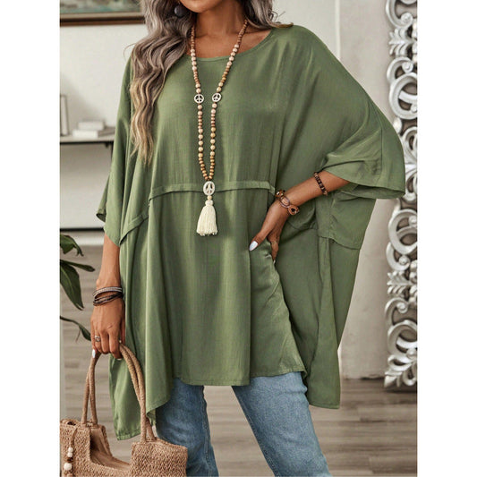Women’s Tunic Top – Cotton – Loose Fit – Asymmetrical Hem – Wide Sleeves