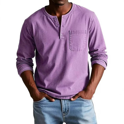 Men’s Long Sleeve T-Shirt – Slim Fit – Cotton Blend – Button Neck – Chest Pocket