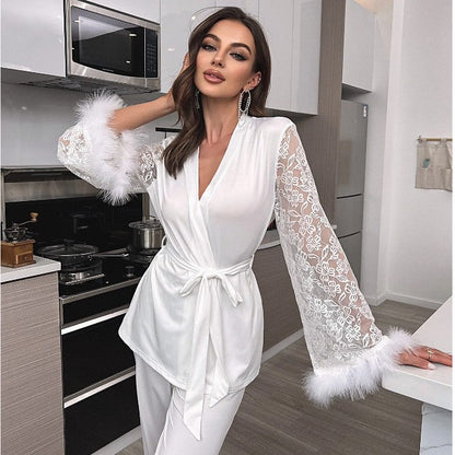 Women’s Wrap Top and Pajama Pants Set - Satin Look - Lace Sleeves and Faux Fur Cuffs