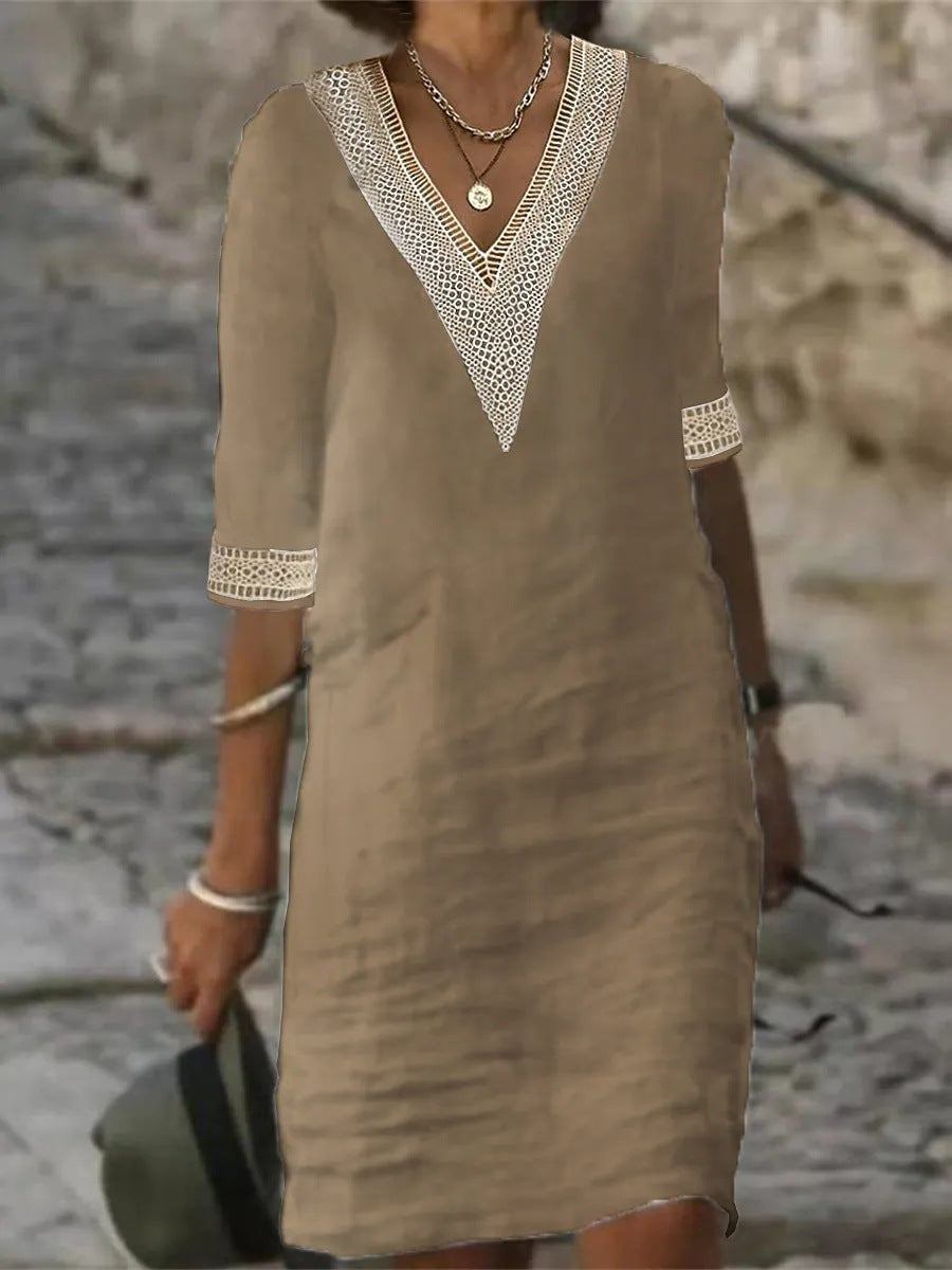 Women's Casual Dress - V-Neck Lace Trim - Relaxed Fit 3/4 Sleeve