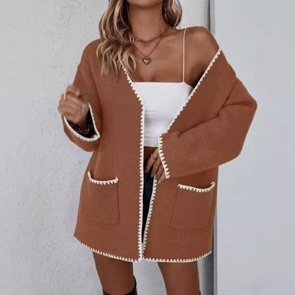 Women’s Knitted Cardigan – Oversized Fit – Open Front – Ribbed Trim – Mid-Thigh Length