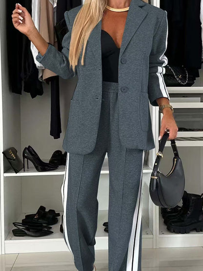 Women’s Blazer Set – Tailored Fit – Soft Knit – Sporty Side Stripes – Elastic Waist