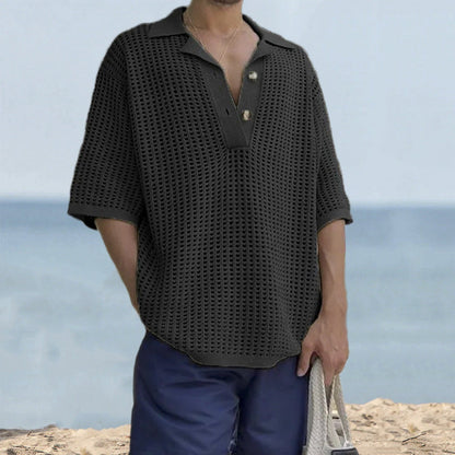 Men’s Knit Sweater – Open Knit – Oversized Fit – Notched Lapel – Short Sleeve