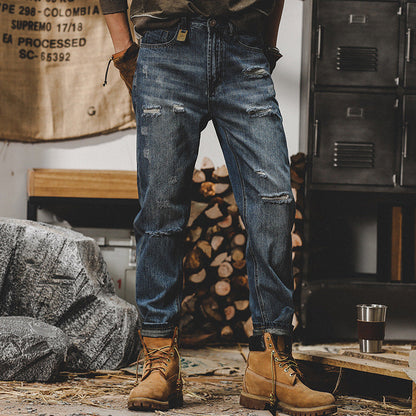 Men’s Jeans – Relaxed Fit – Straight Leg – Stone Washed Distressed Denim – Casual Wear