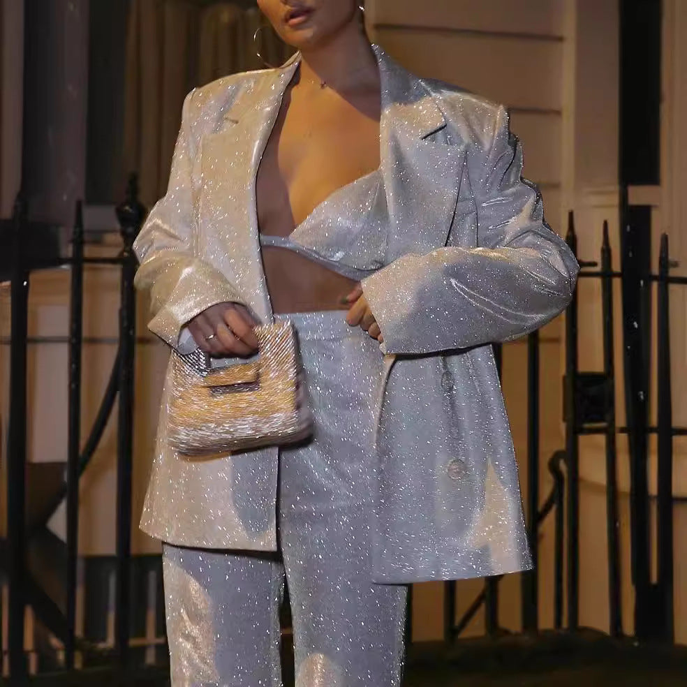 Women’s Blazer Set – Oversized Fit – Shimmer Finish – Padded Shoulders – Notched Lapel