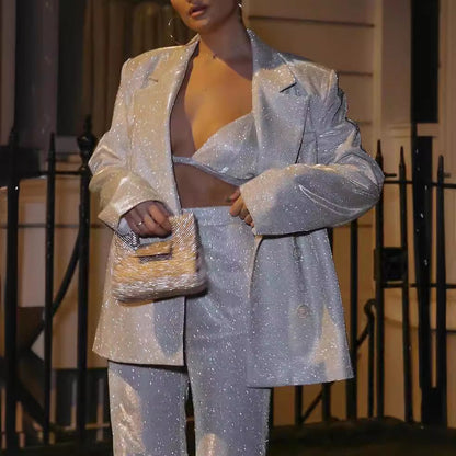 Women’s Blazer Set – Oversized Fit – Shimmer Finish – Padded Shoulders – Notched Lapel