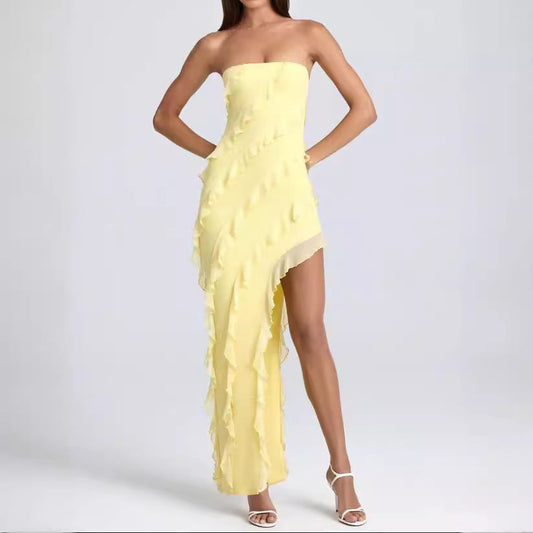 Women’s Strapless Gown – Slim Fit – Ruffle Detail – Asymmetrical Hem – Full Length