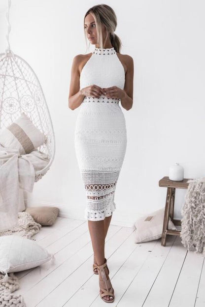 Women’s Lace Midi Dress – Slim Fit – Halter Neck – Sheer Crochet Detail – Formal Wear