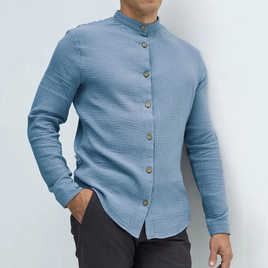 Men’s Button-Up Shirt – Regular Fit – Mandarin Collar – Textured Breathable Blend – Long Sleeve