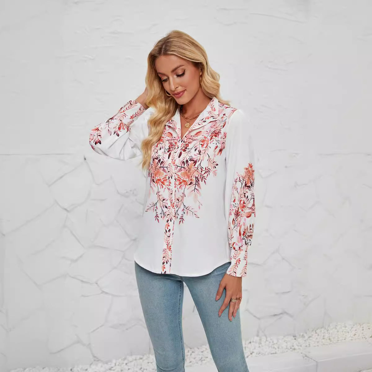 Women’s Blouse – Relaxed Fit – Button Down – Stand Collar – Floral Print – Long Sleeve