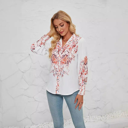 Women’s Blouse – Relaxed Fit – Button Down – Stand Collar – Floral Print – Long Sleeve