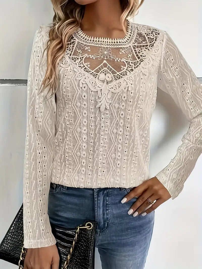 Women’s Long Sleeve T-Shirt – Slim Fit – Lace Hollow Detail – Sheer Fabric