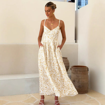 Women’s Maxi Dress – Flared Fit – V-Neck Sleeveless – Floral Print – Back Bow Tie