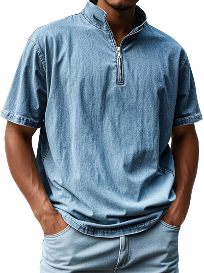 Men’s Short Sleeve Shirt – Fitted Cut – Stand Collar – Zip Front – Breathable Blend