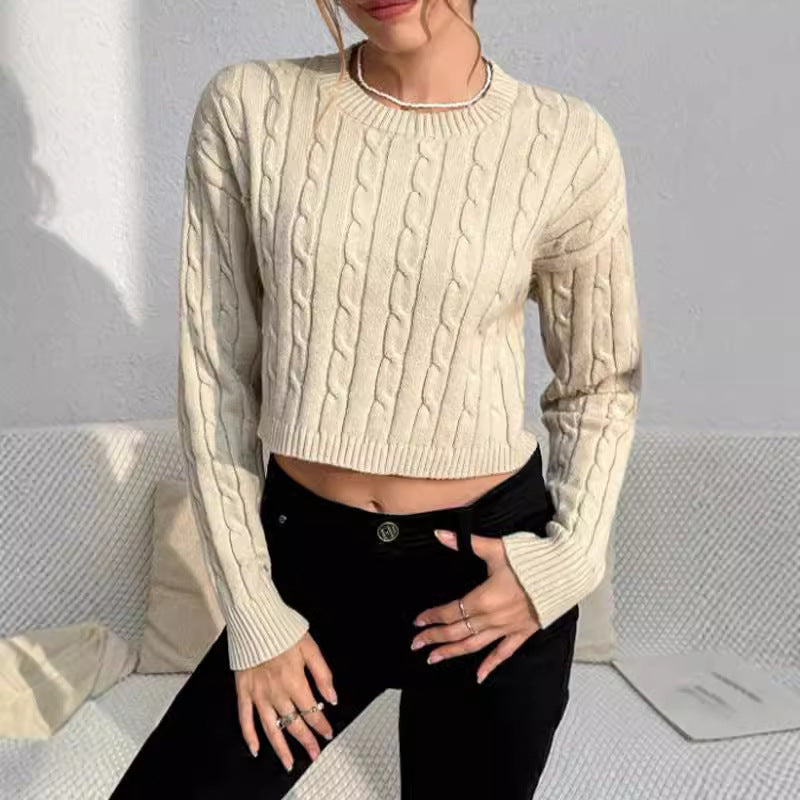 Women’s Pullover Sweater – Cable Knit – Cropped Slim Fit – Crew Neck Long Sleeve