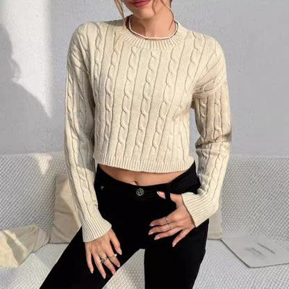 Women’s Pullover Sweater – Cable Knit – Cropped Slim Fit – Crew Neck Long Sleeve