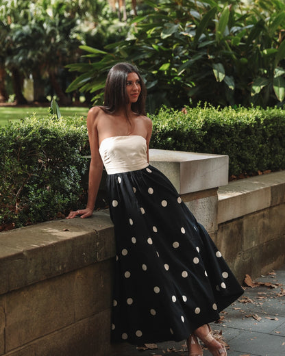 Women’s Maxi Dress – Strapless Wrap Bodice – Polka Dot – A-Line Flowy Fit