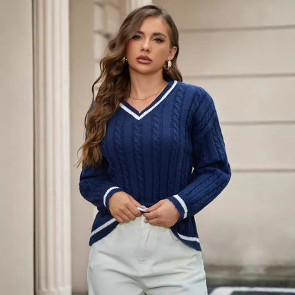 Women’s V-Neck Sweater – Relaxed Fit – Cable Knit – Soft Knit – Ribbed Trim