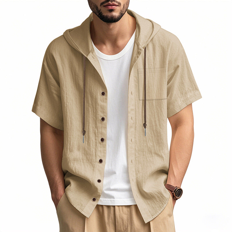 Men’s Hooded Shirt – Linen Blend – Relaxed Fit – Short Sleeve – Button-Up Casual