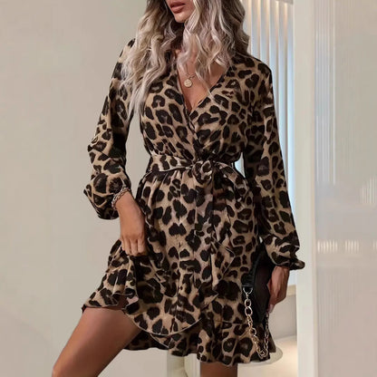 Women’s Wrap Midi Dress – V-Neck – Tie Waist – Balloon Sleeve – Leopard Print