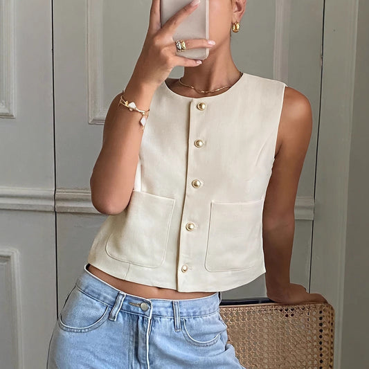 Women’s Cropped Vest – Structured Fit – Button Front – Cotton Blend