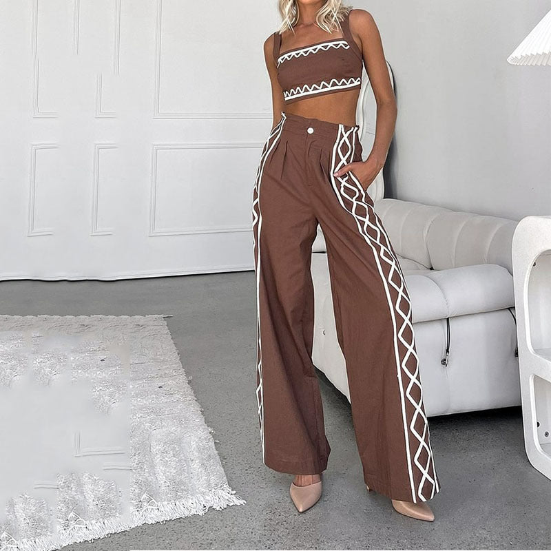 Women’s Two-Piece Set – Lightweight Cotton Blend – Asymmetrical Crop Top – Wide-Leg Pants
