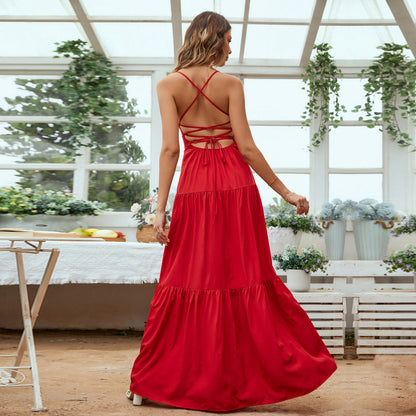 Women’s Evening Gown – Satin Look – Tiered Skirt – Backless – Spaghetti Straps