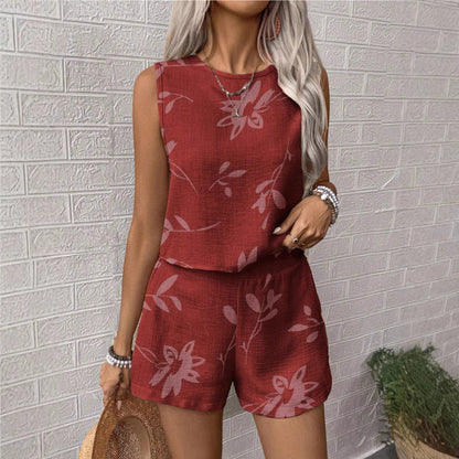 Women’s Two-Piece Set – Relaxed Fit – Sleeveless Crop Top and Shorts – Breathable Blend