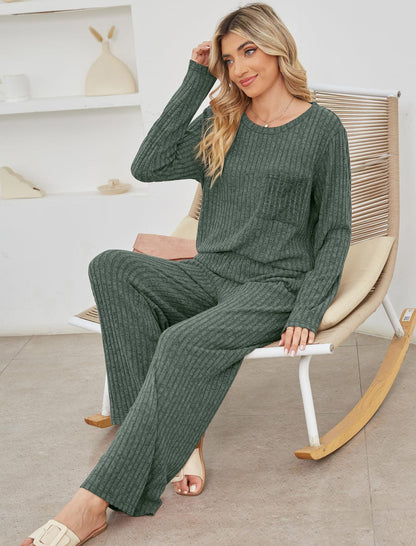 Women’s Lounge Set – Ribbed Knit – Relaxed Fit – Long Sleeve Top & Straight-Leg Pants
