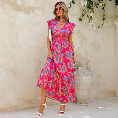 Women’s Maxi Dress – Sleeveless Relaxed Fit – V-Neck – Floral Print – Ruffle Detail