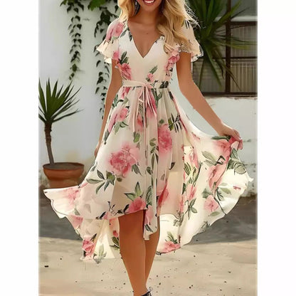 Women’s Midi Dress – Floral Print – V-Neck – Ruffle Sleeve – Tie Waist – High-Low Hem