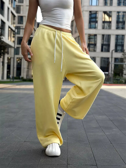 Women’s Wide Leg Trousers – Relaxed Fit – Soft Knit – Drawstring Waist – Full Length