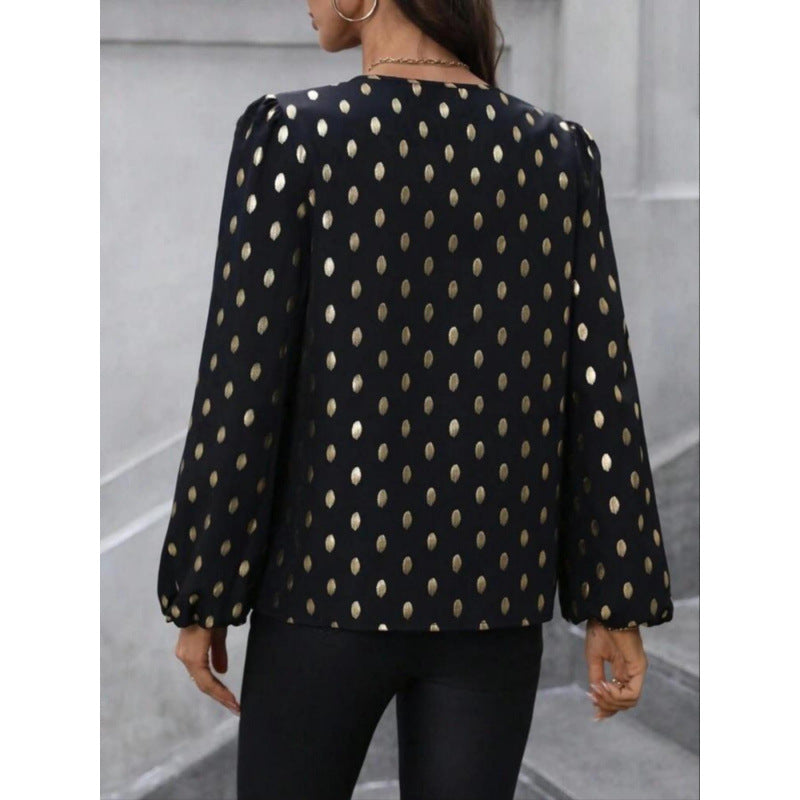 Women’s Long Sleeve Top – Relaxed Fit – Dot Print – Silk Feel – Keyhole Neckline