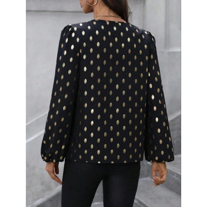 Women’s Long Sleeve Top – Relaxed Fit – Dot Print – Silk Feel – Keyhole Neckline