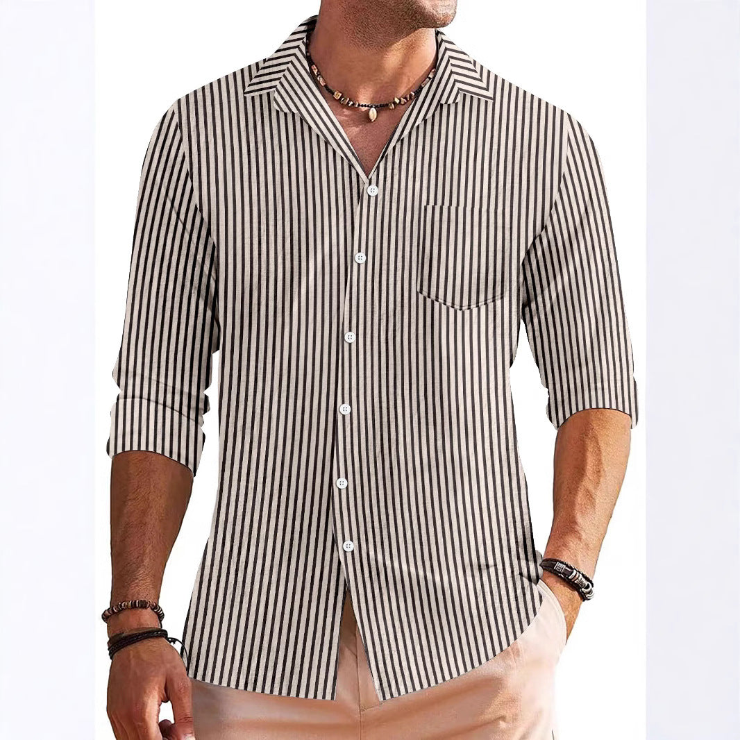 Men’s Long Sleeve Shirt – Regular Fit – Breathable Blend – Stripe Pattern – Chest Pocket