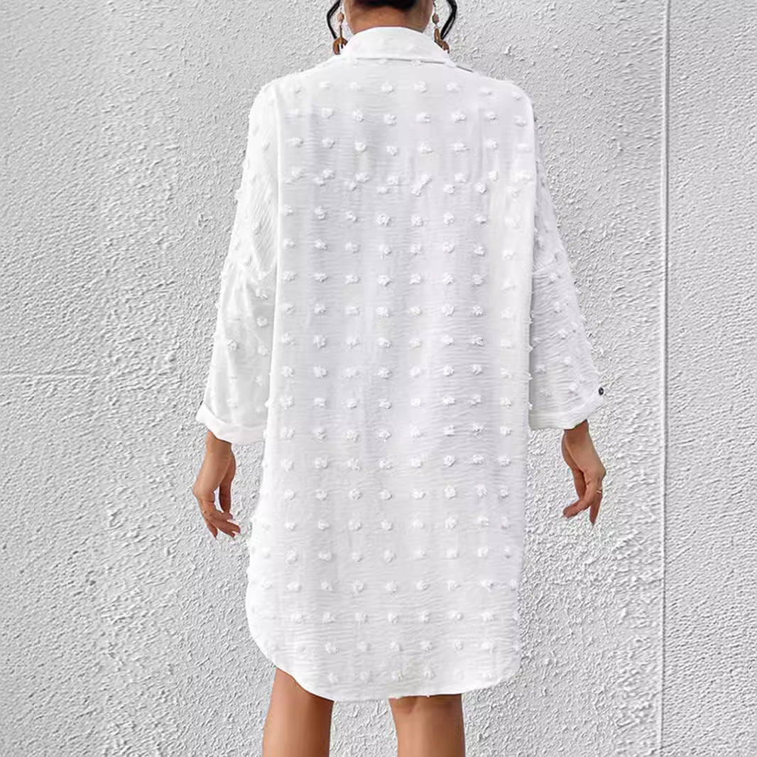 Women’s Cardigan Shirt – Chiffon Jacquard – Oversized Fit – Button-Down – Pom-Pom Trim