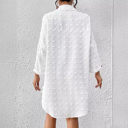 Women’s Cardigan Shirt – Chiffon Jacquard – Oversized Fit – Button-Down – Pom-Pom Trim