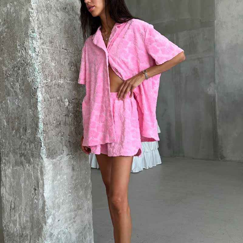 Women’s Pajama Set – Soft Knit Relaxed Fit – Button-Up Shirt and Elastic Shorts